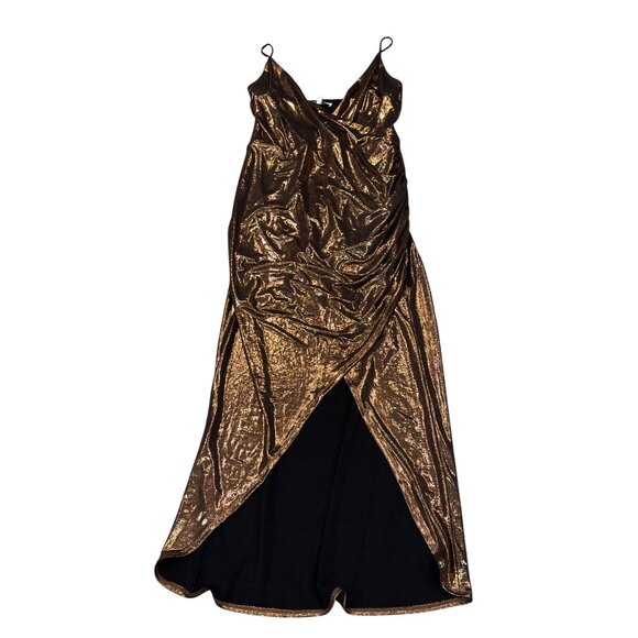Metallic Bronze Draped Maxi Dress By WAYF With V-Neckline Spaghetti Straps - Picture 10 of 14